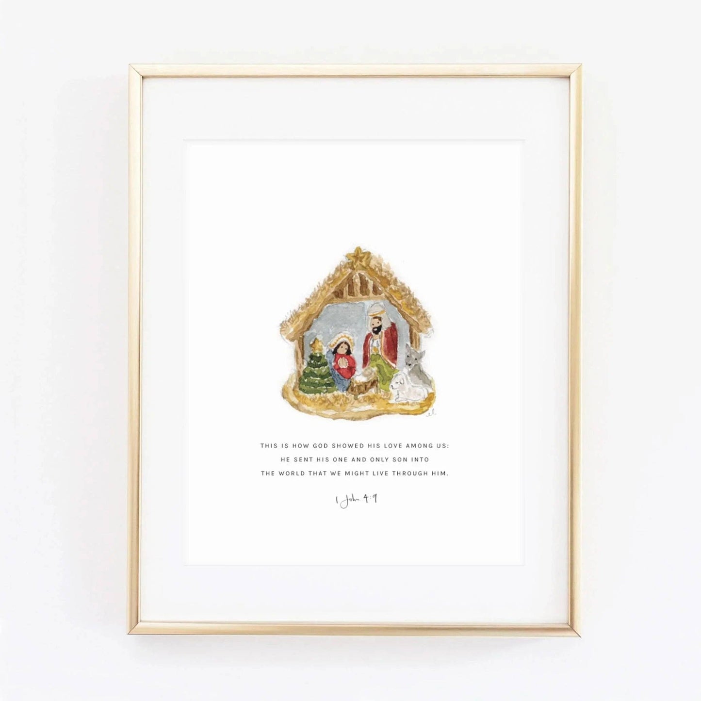 1 John 4:9 Nativity Ornament Scripture Art Print by Emily Lex featuring an original watercolor ornament with a nativity scene and the Bible verse, "God sent His one and only Son into the world that we might live through Him."