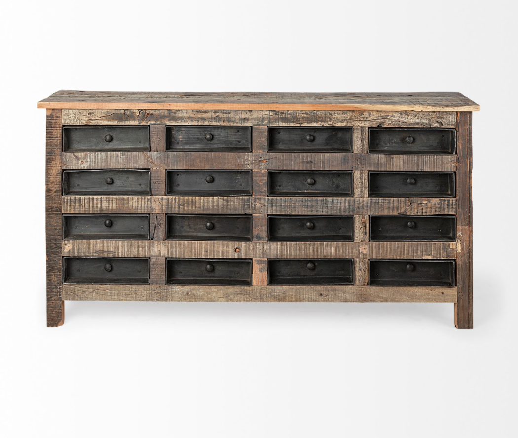 Wilton reclaimed wood and metal sideboard featuring sixteen black metal drawers and a rustic reclaimed wood frame.