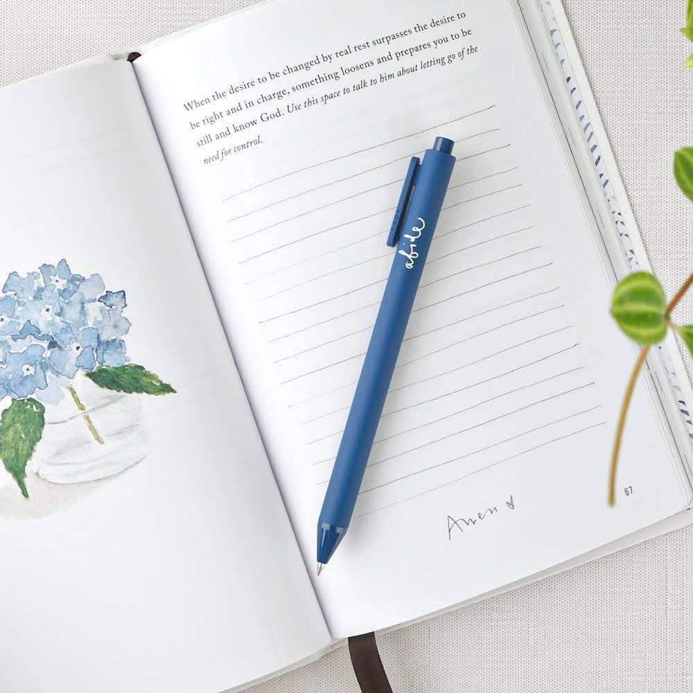 Abide Jotter Pen by Emily Lex with navy matte finish and handwritten sentiment.