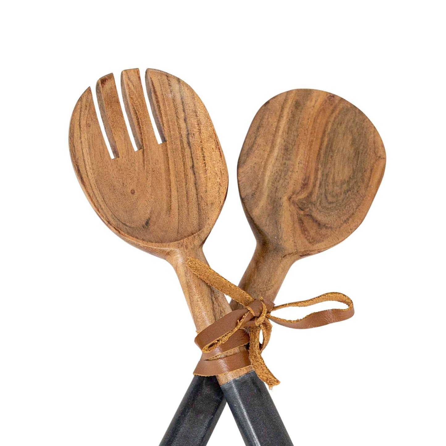 Acacia wood serving utensils featuring elegant natural black marble handles.