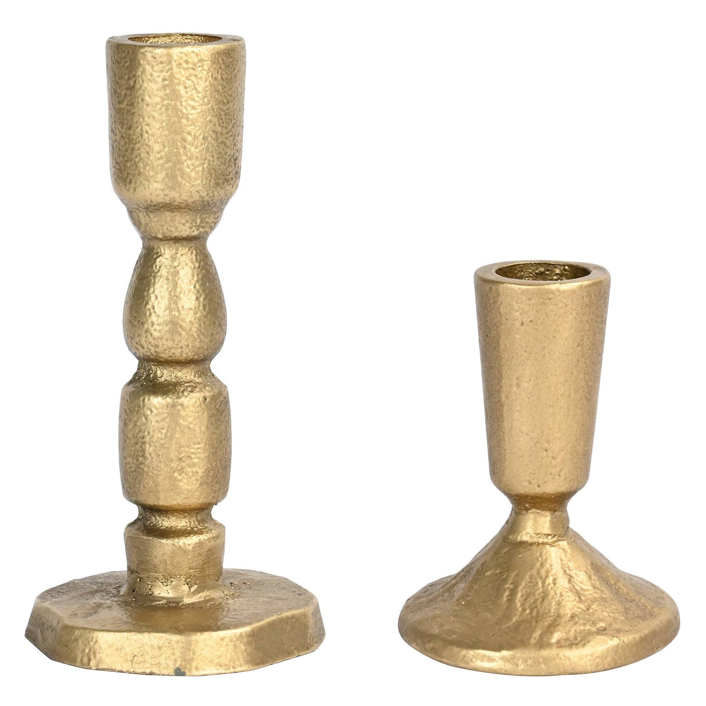 Close-up of the antique gold finish and solid cast iron construction of the taper candle holders.