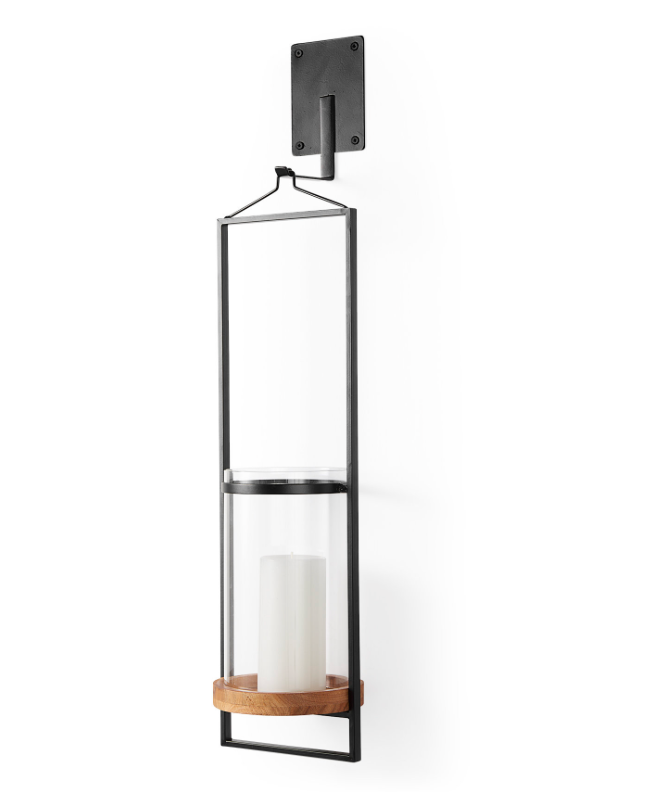 Avram hanging candle sconce featuring a black metal frame with natural wood accents.