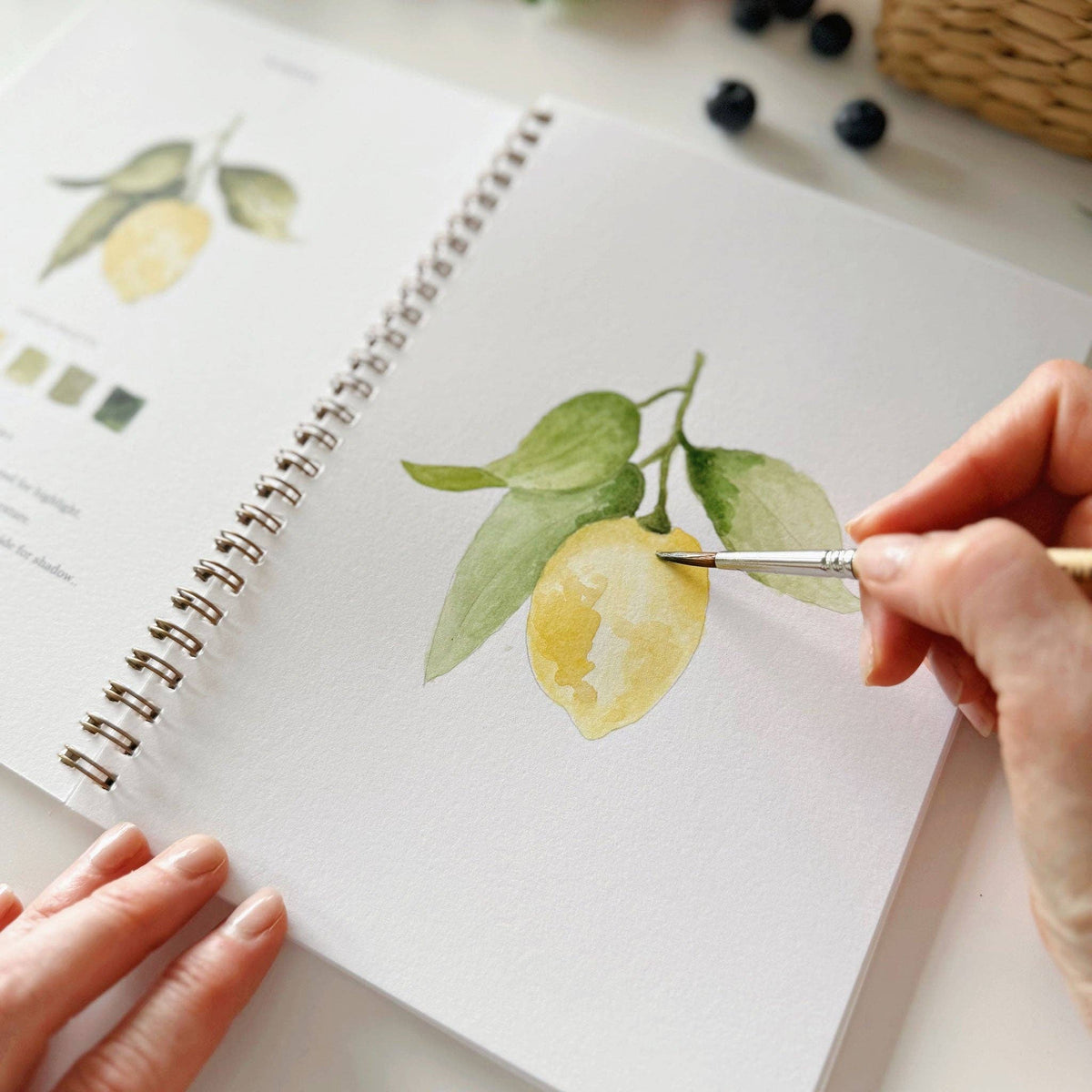 Open watercolor workbook displaying fruit illustrations with premium watercolor paper and easy-to-paint outlines.