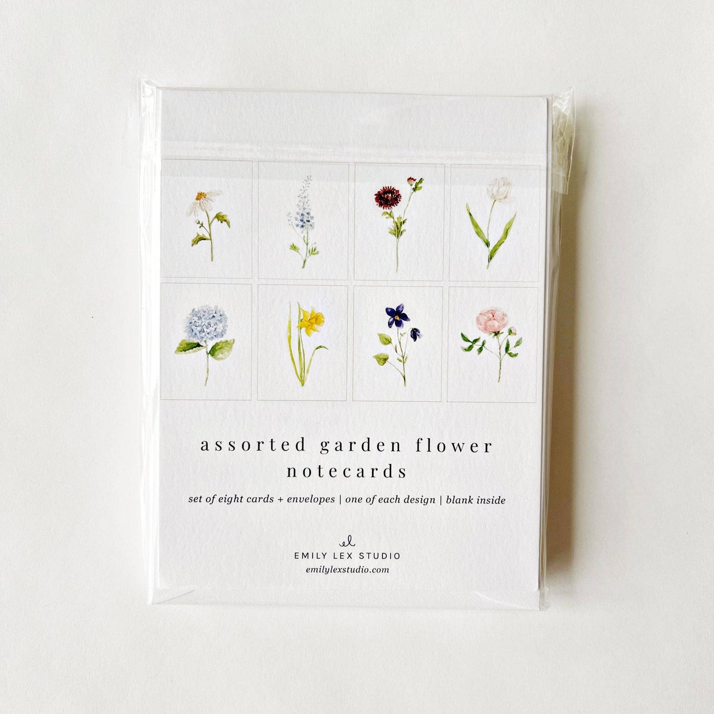 Assorted Garden Flowers Watercolor Notecard Set by Emily Lex featuring eight original botanical watercolor illustrations with coordinating envelopes.