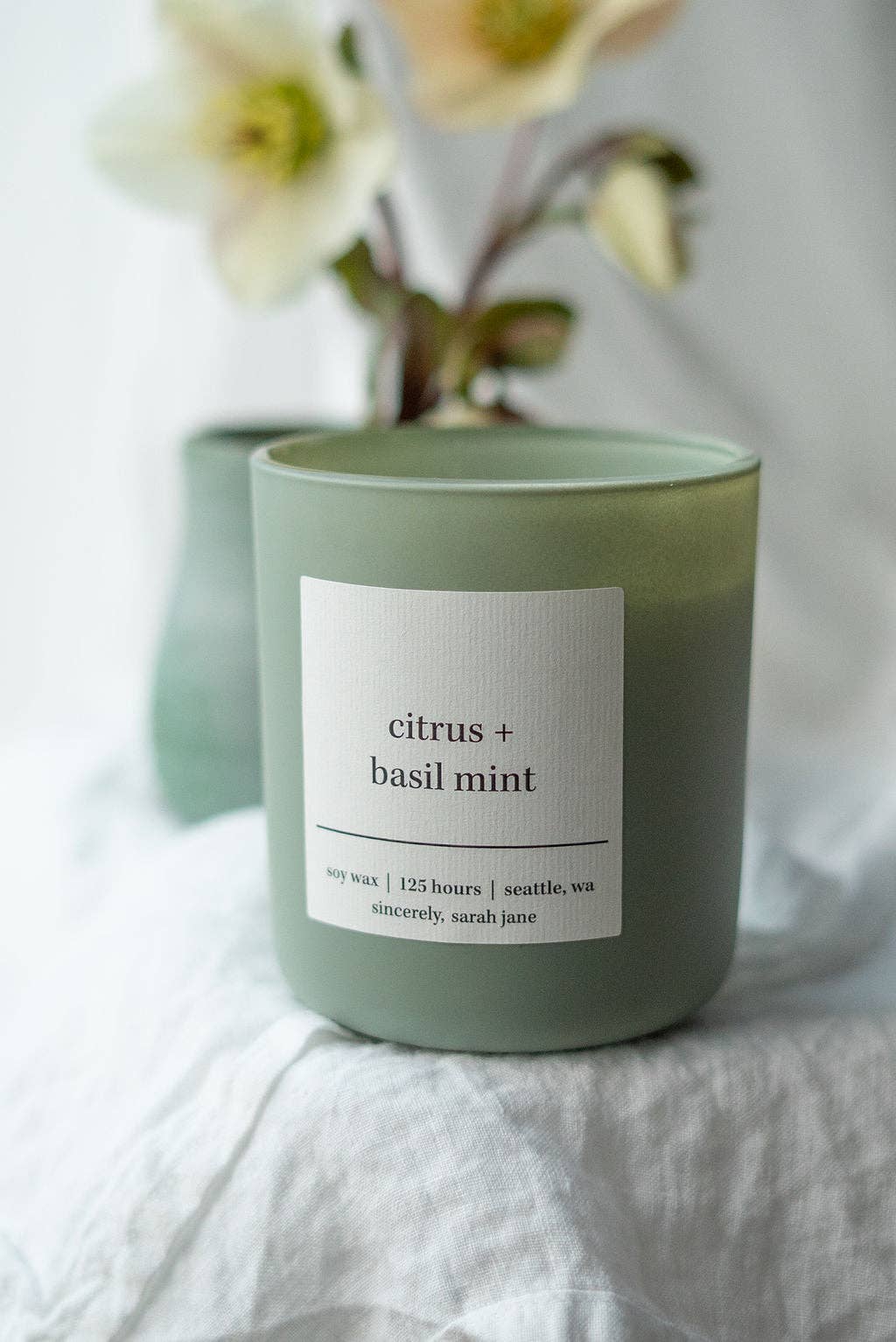 Botanist soy candle adding fresh citrus and herbal ambiance to an organic modern living space.