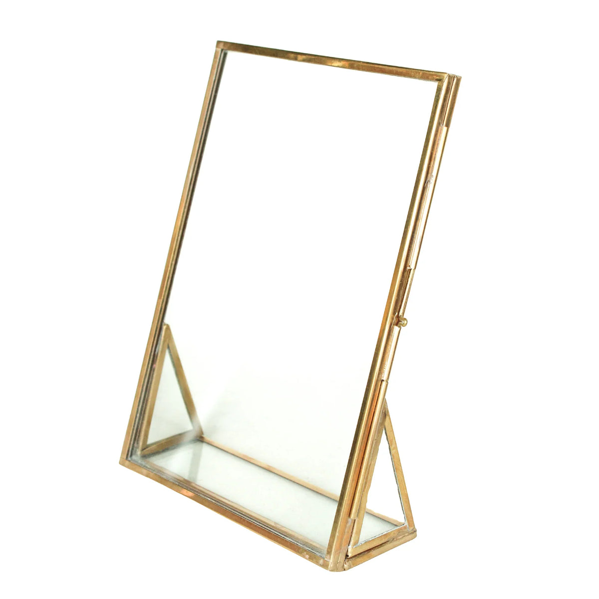Brass standing picture frame in a classic vertical 5-by-7-inch design with a warm metallic finish.