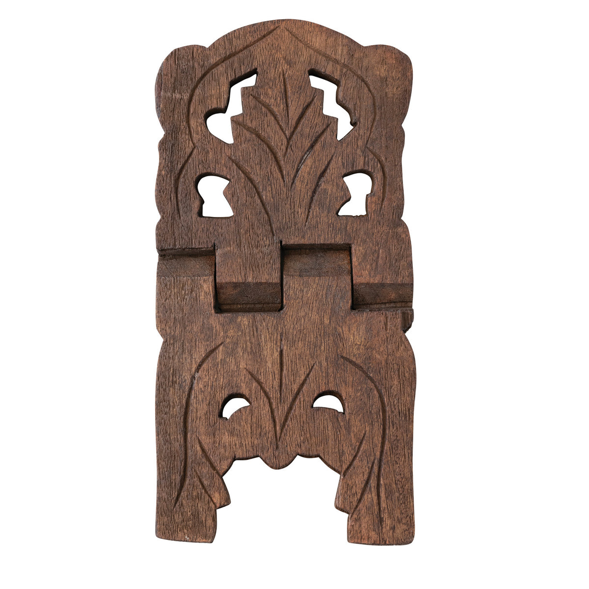 Side view of the carved reclaimed wood folding book stand folded.