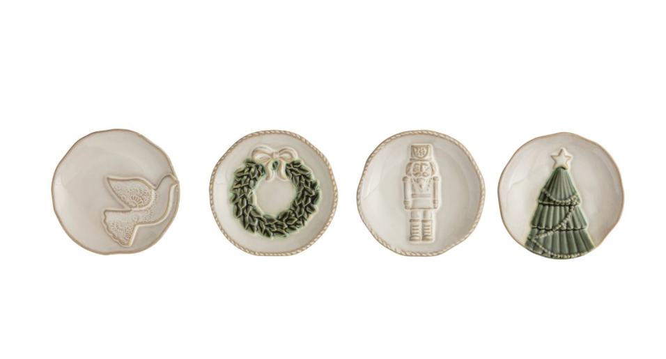 Ceramic appetizer plate featuring a raised Christmas icon and handcrafted reactive glaze.