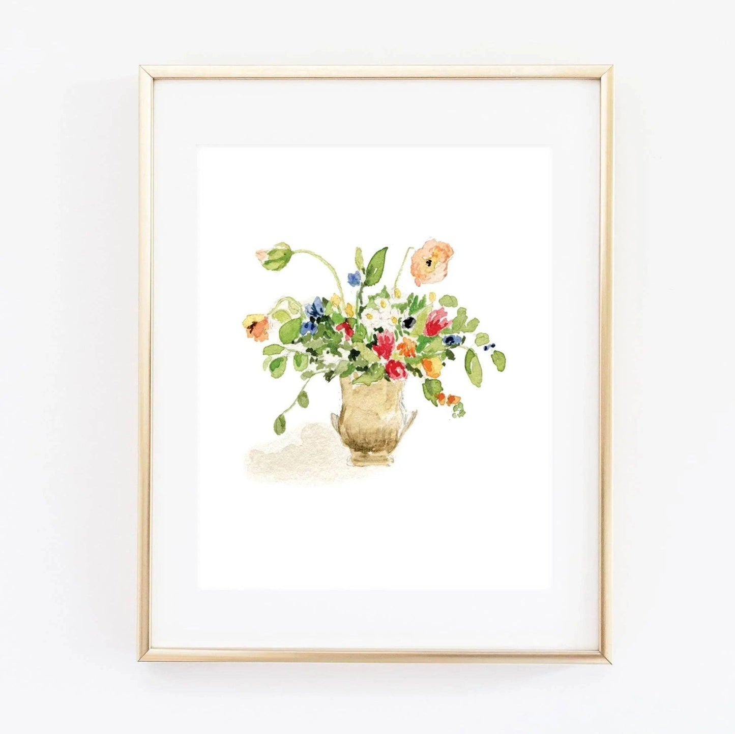 Colorful Bouquet Watercolor Art Print by Emily Lex featuring an original botanical watercolor illustration of a vibrant hand-tied floral bouquet.