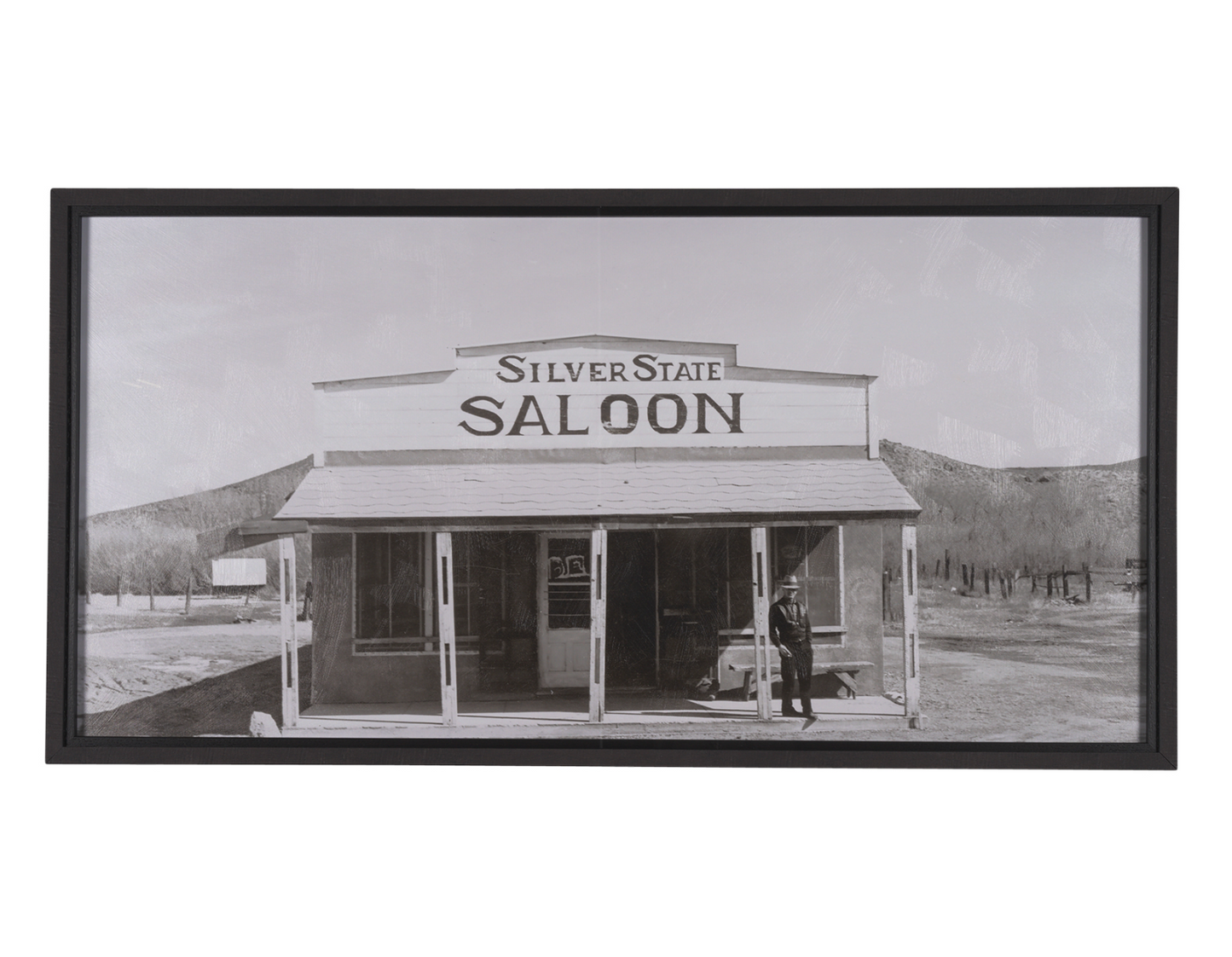 Cooling Your Heels framed art print featuring a historic Western saloon in black and white photography.