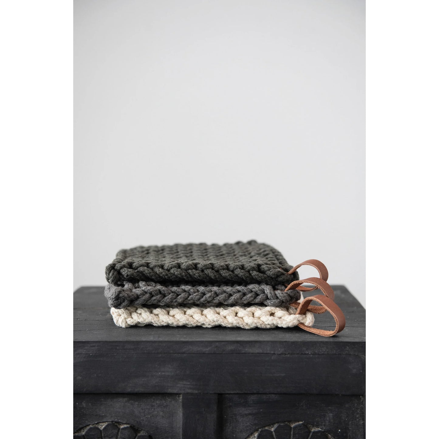 Crochet Pot Holder With Leather Loop