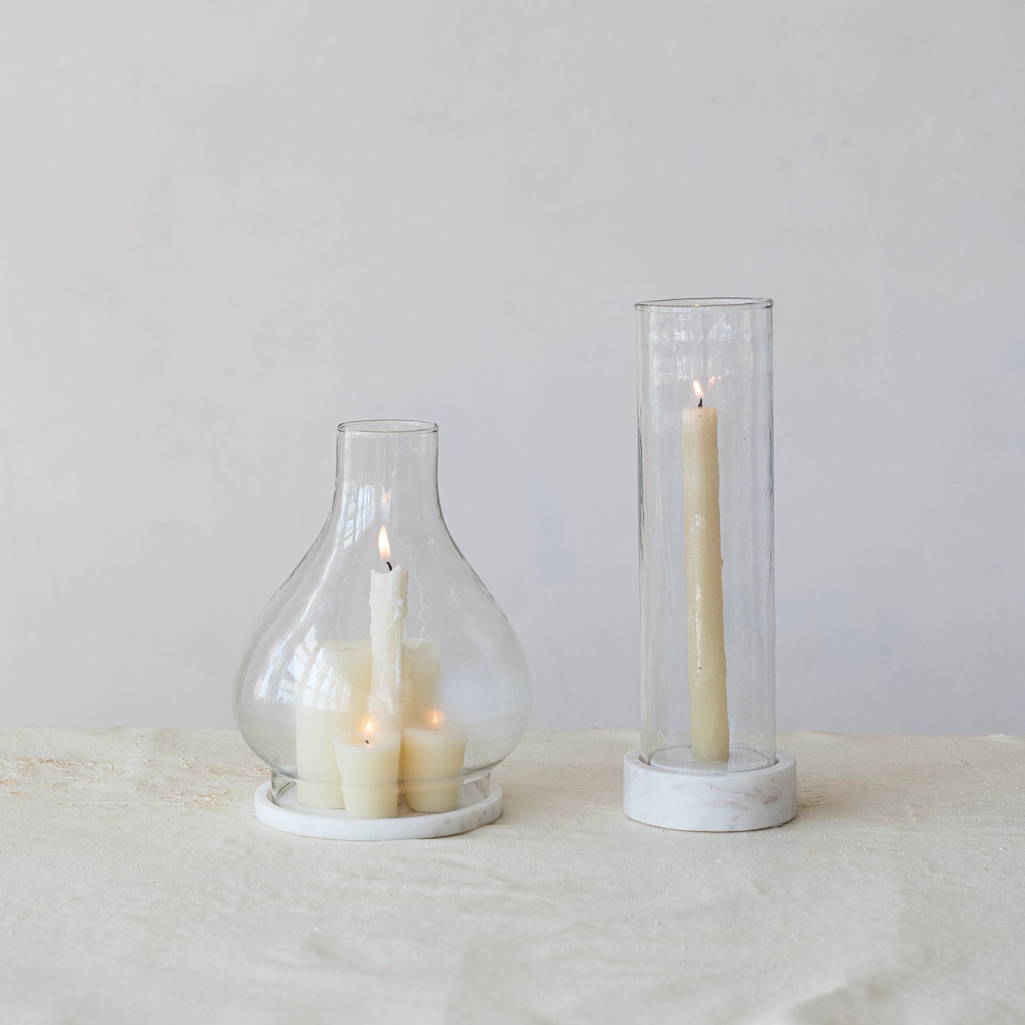 Glass Hurricane Taper Holder with White Marble Base