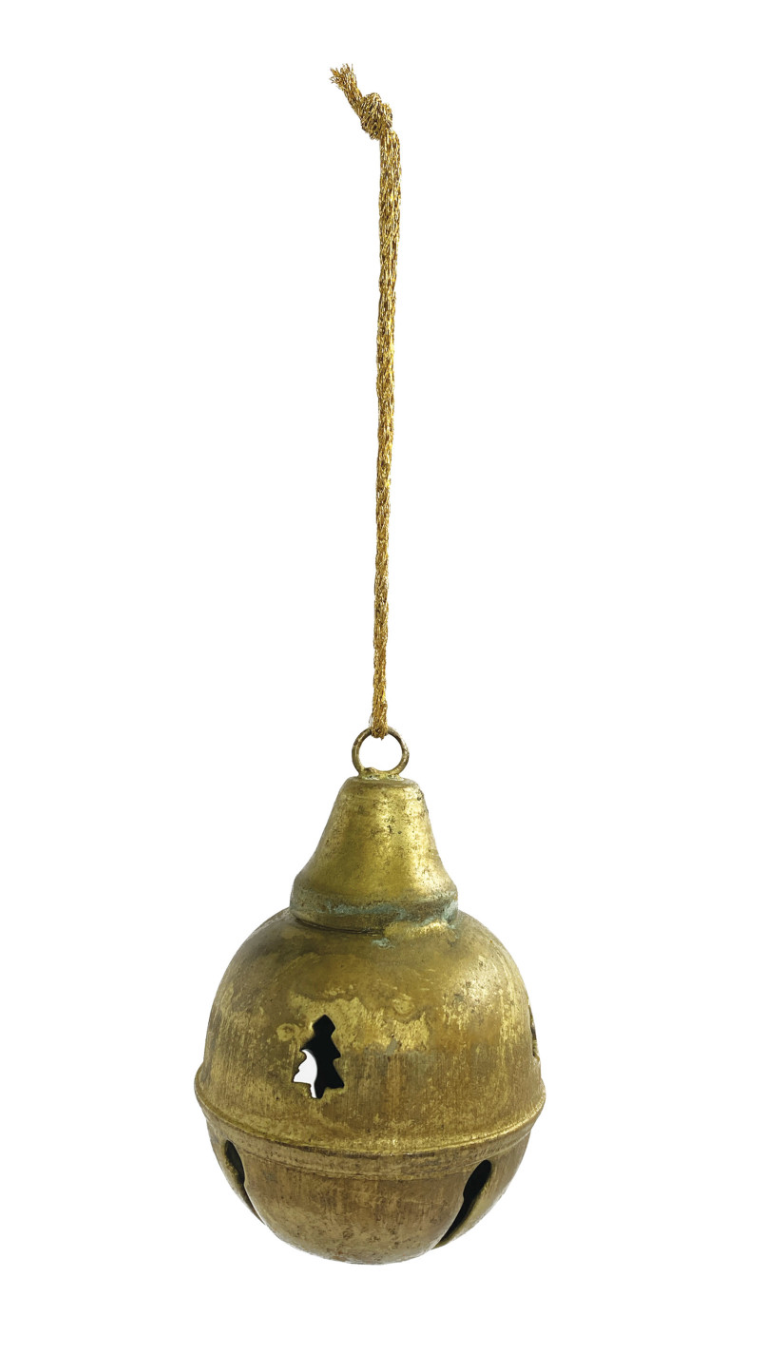 Distressed gold metal Christmas bell ornament featuring decorative Christmas tree cutouts and a vintage-inspired finish.