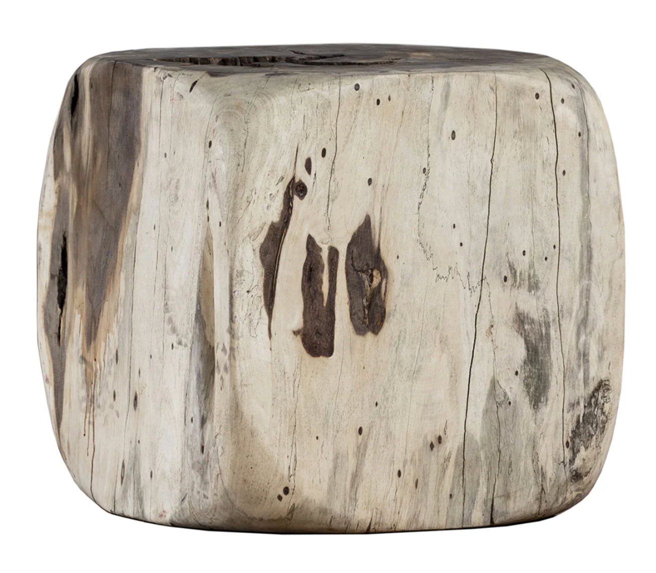 Erosion Teak Side Table with a sculptural bleached wood exterior and naturally exposed black-washed core.