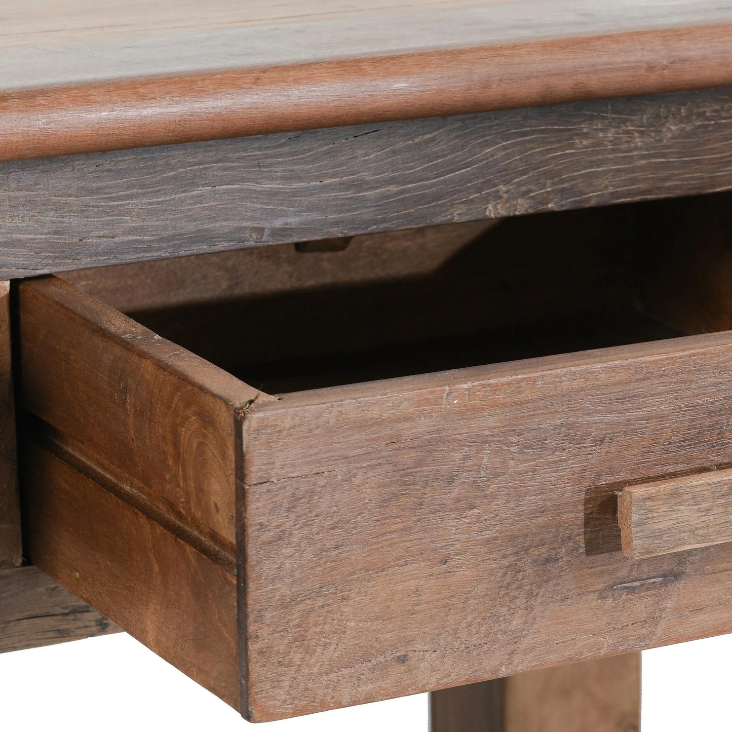Close-up of the Ezra console table showcasing the reclaimed wood grain, natural texture, and handcrafted drawer fronts.