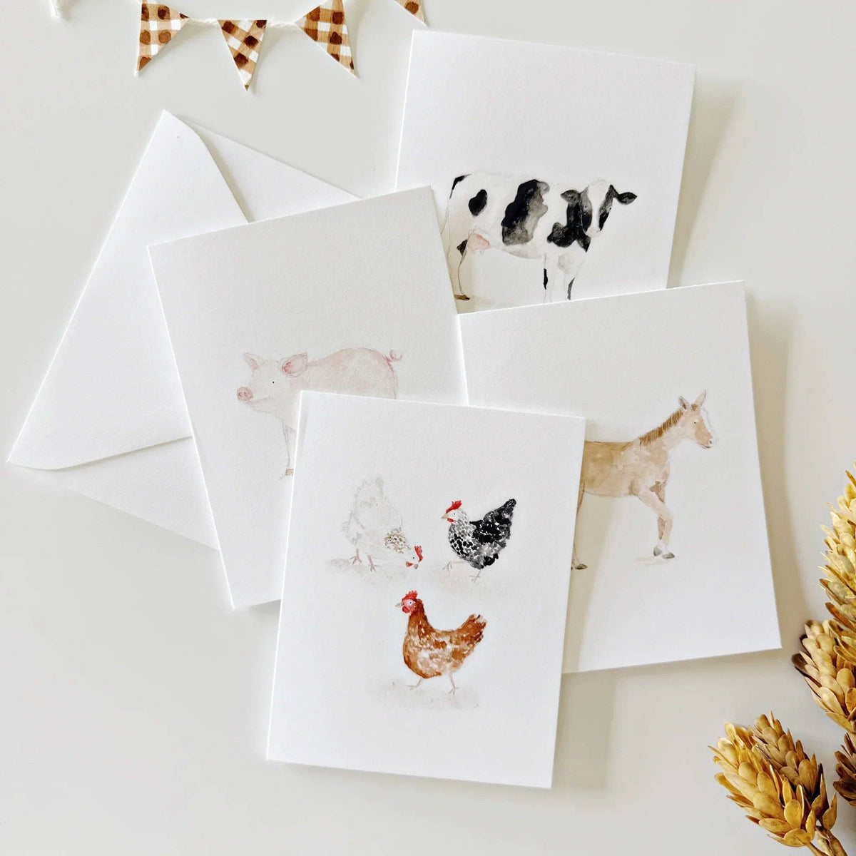 Watercolor farm animal notecards styled as beautiful stationery for handwritten notes and gifting.