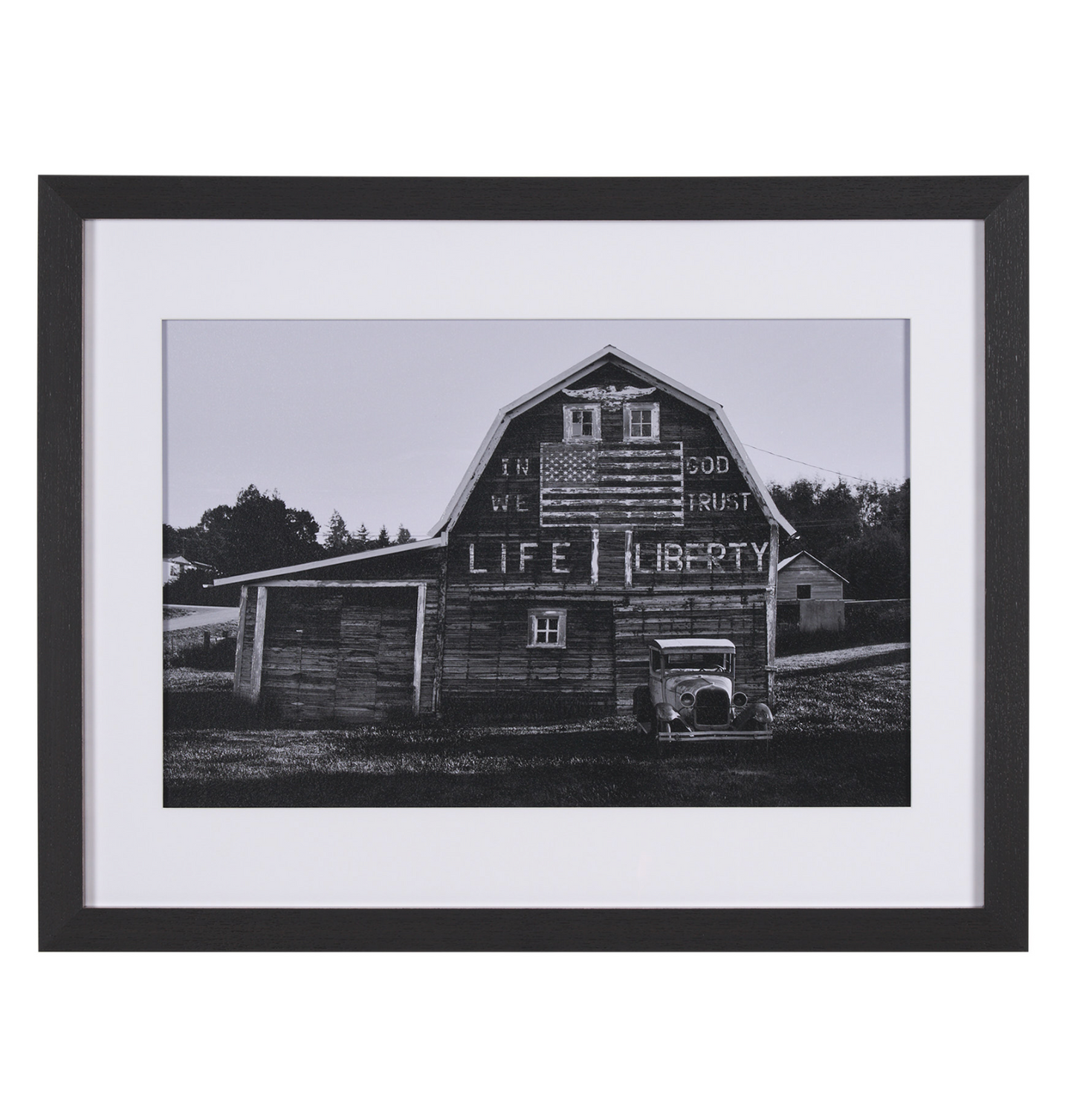 In God We Trust framed monochrome artwork by David Reams featuring a vintage Americana barn.