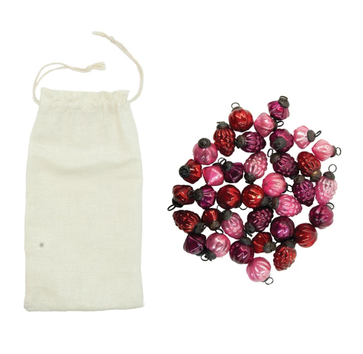Set of 36 mini embossed mercury glass ornaments in red, pink, and fuchsia with a muslin storage bag.