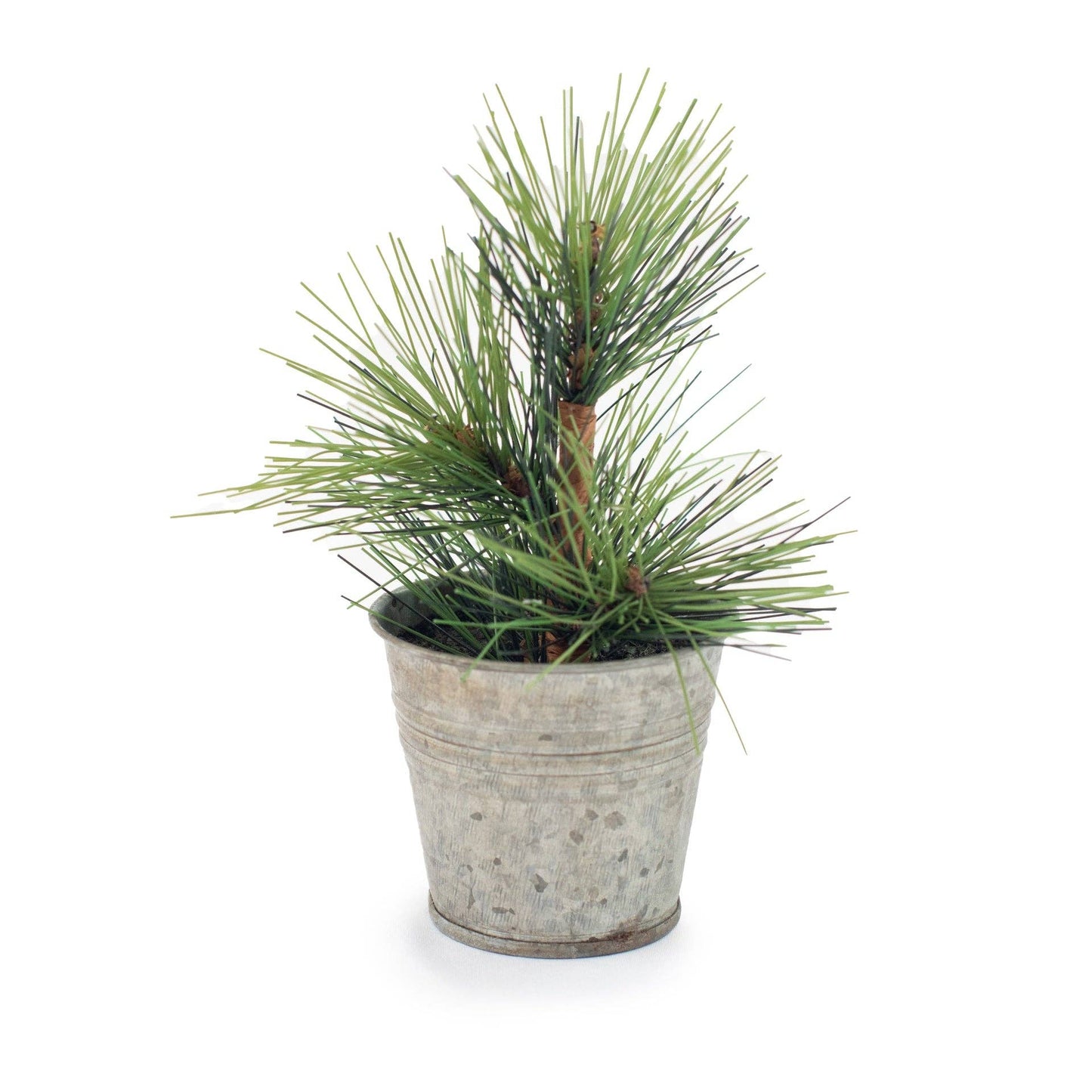 Mini Pine Tree in a galvanized tin pot featuring realistic evergreen branches and rustic holiday styling.