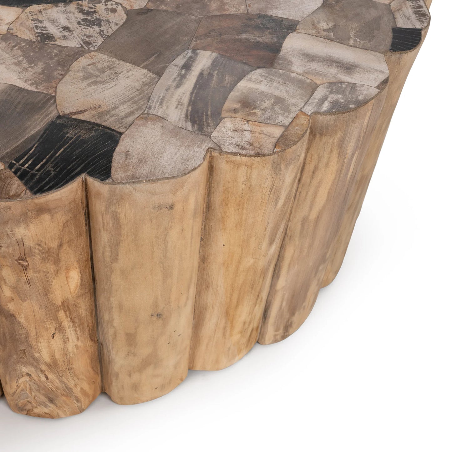 Close-up of the Norwest coffee table showcasing the polished petrified wood surface, fossilized stone patterns, and rich teak wood grain.