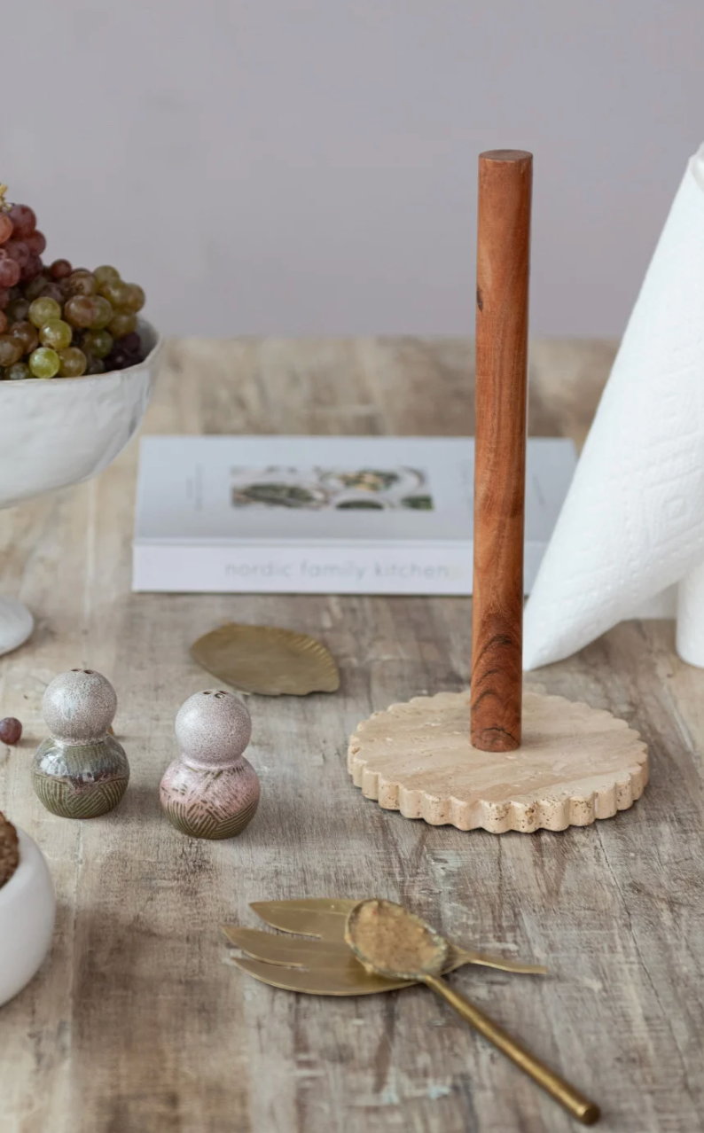 Acacia Wood Paper Towel Holder with Scalloped Travertine Base