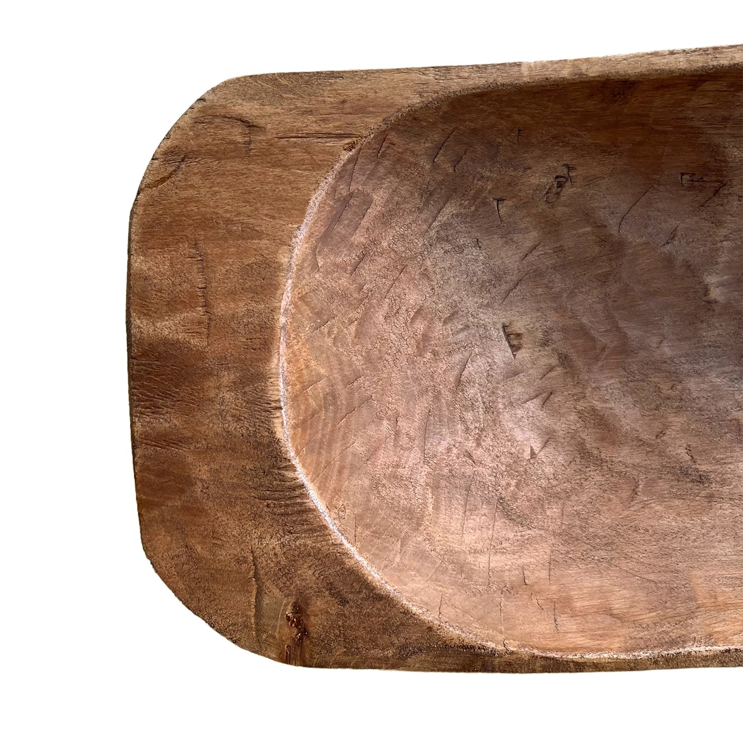 Handcrafted natural wood bowl showing unique grain, texture, markings, and old-world character.