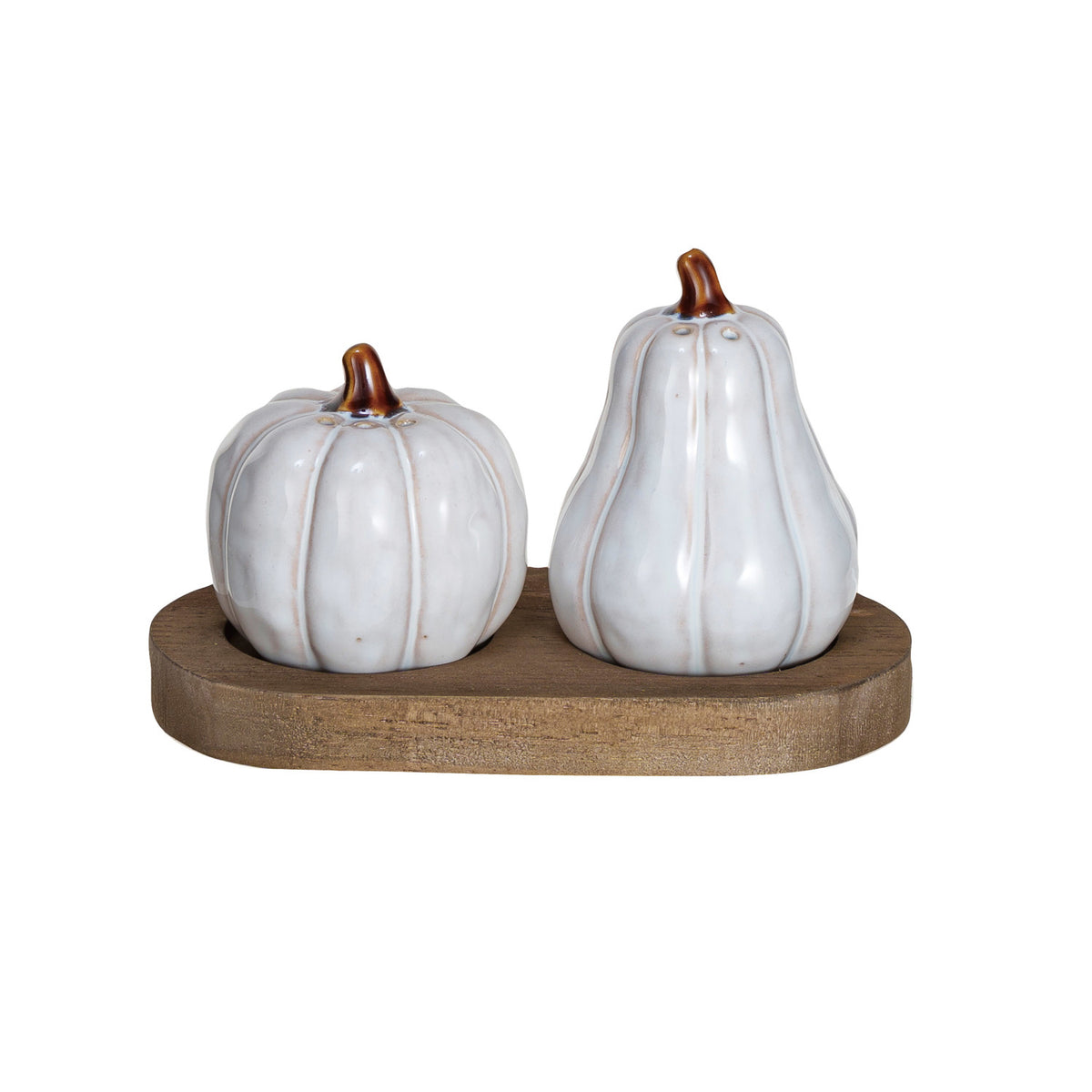 Stoneware pumpkin and gourd salt and pepper shakers in white and natural reactive glaze displayed on a wood tray.
