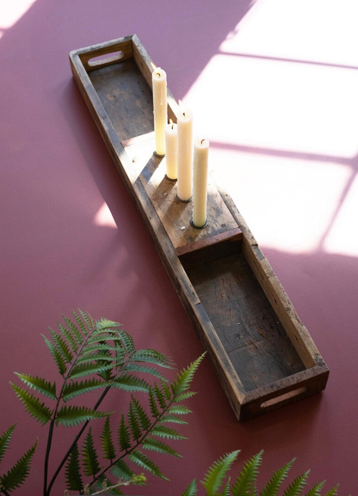 Reclaimed wood decorative tray with four built-in taper candle holders.