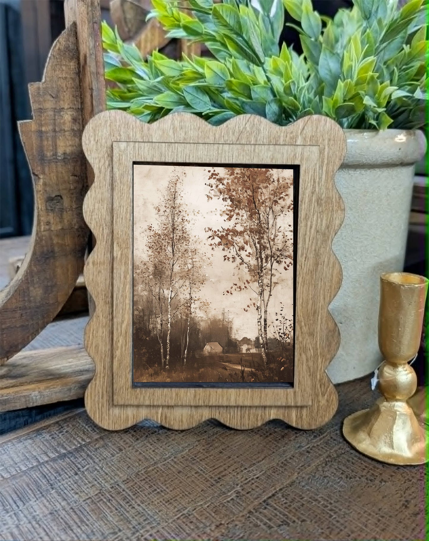 Scallop Antique Cottage Framed Canvas Art featuring a handcrafted scalloped wood frame with an Early American finish and premium matte canvas artwork.