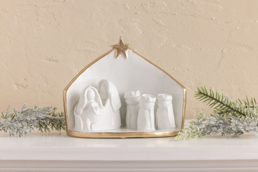 Small Gold Edge Stoneware Nativity Scene for Christmas tabletop or shelf display.