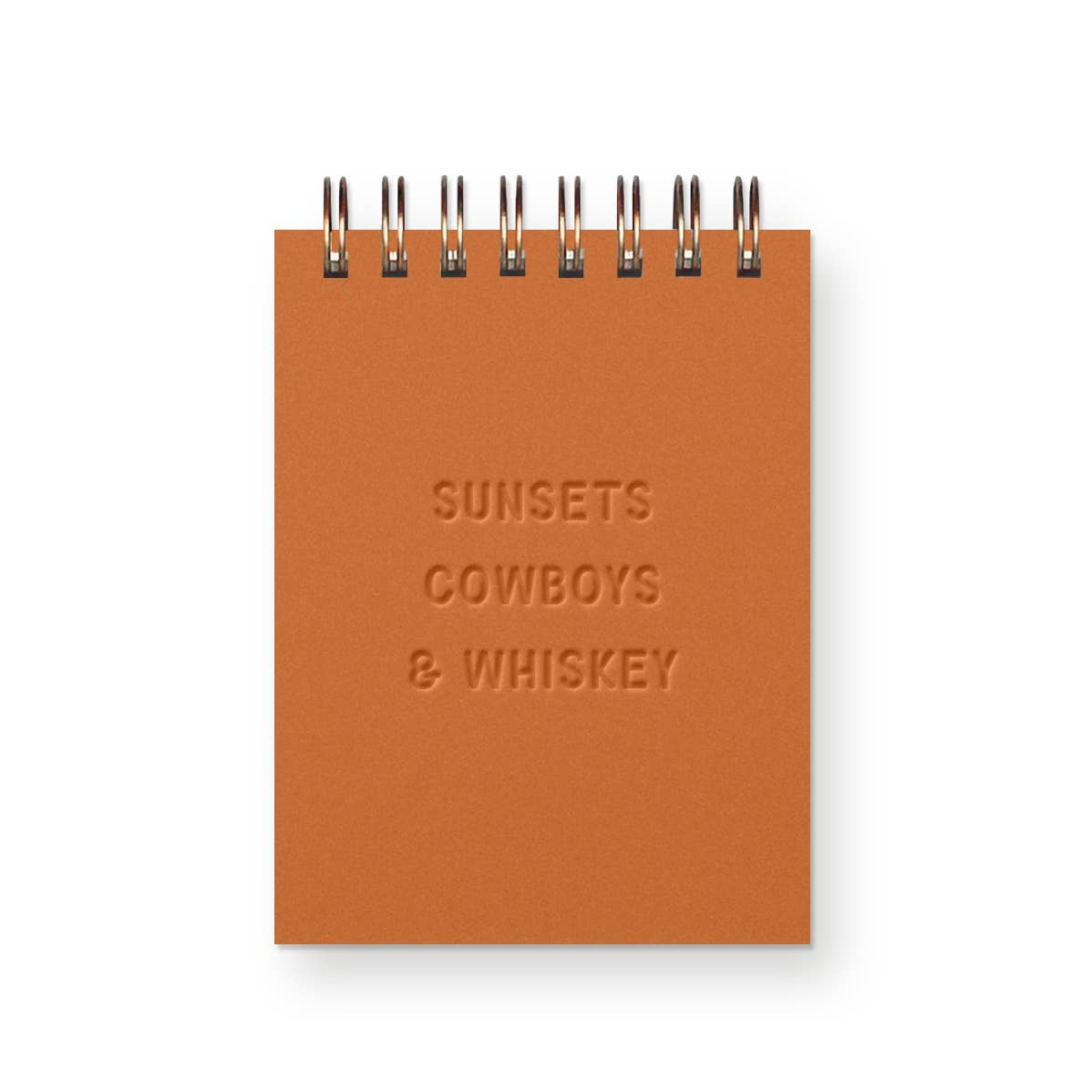 Sunsets, Cowboys & Whiskey Mini Jotter Notebook with Western-inspired cover design and bronze wire binding.