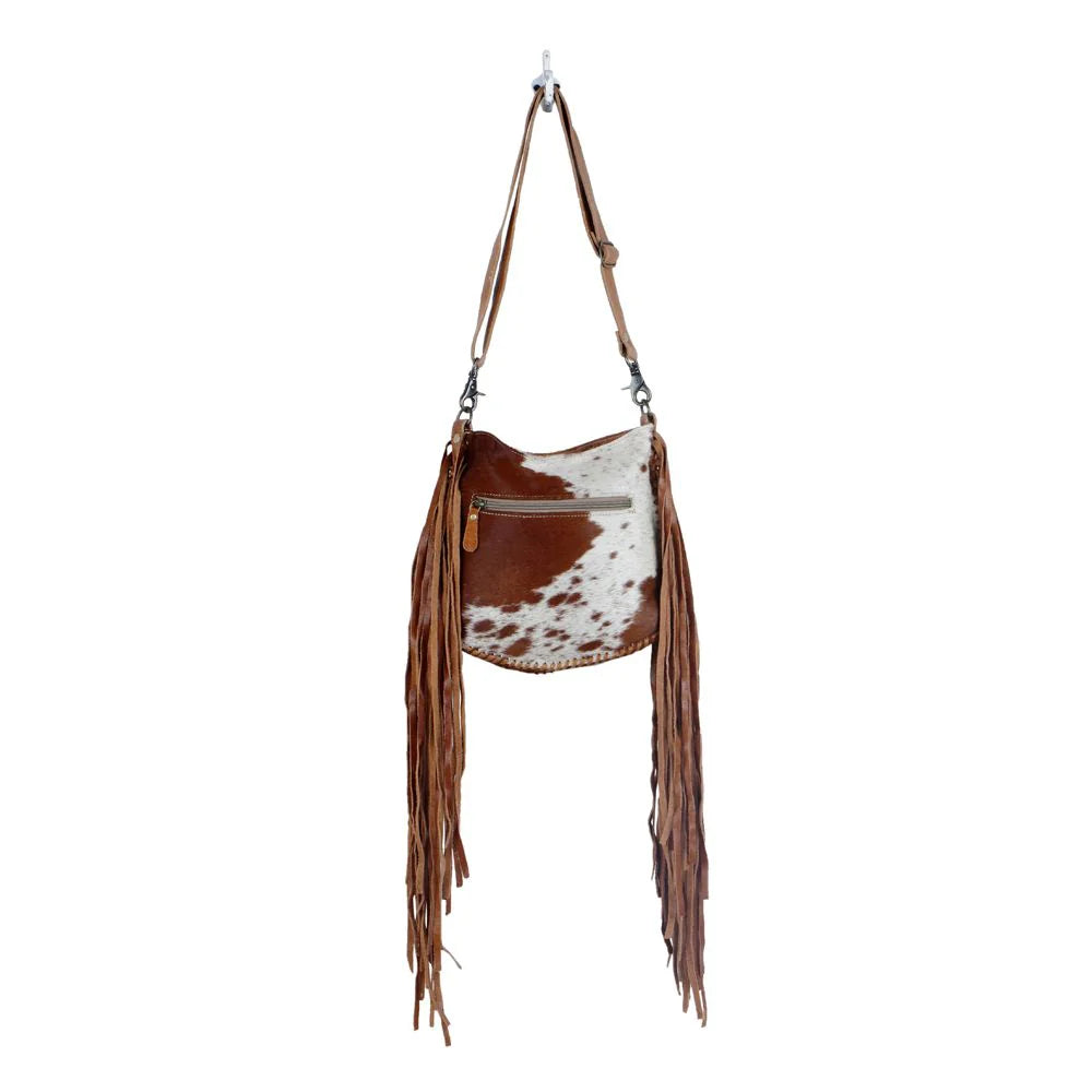 Western hairon leather fringe crossbody bag in brown and ivory cowhide