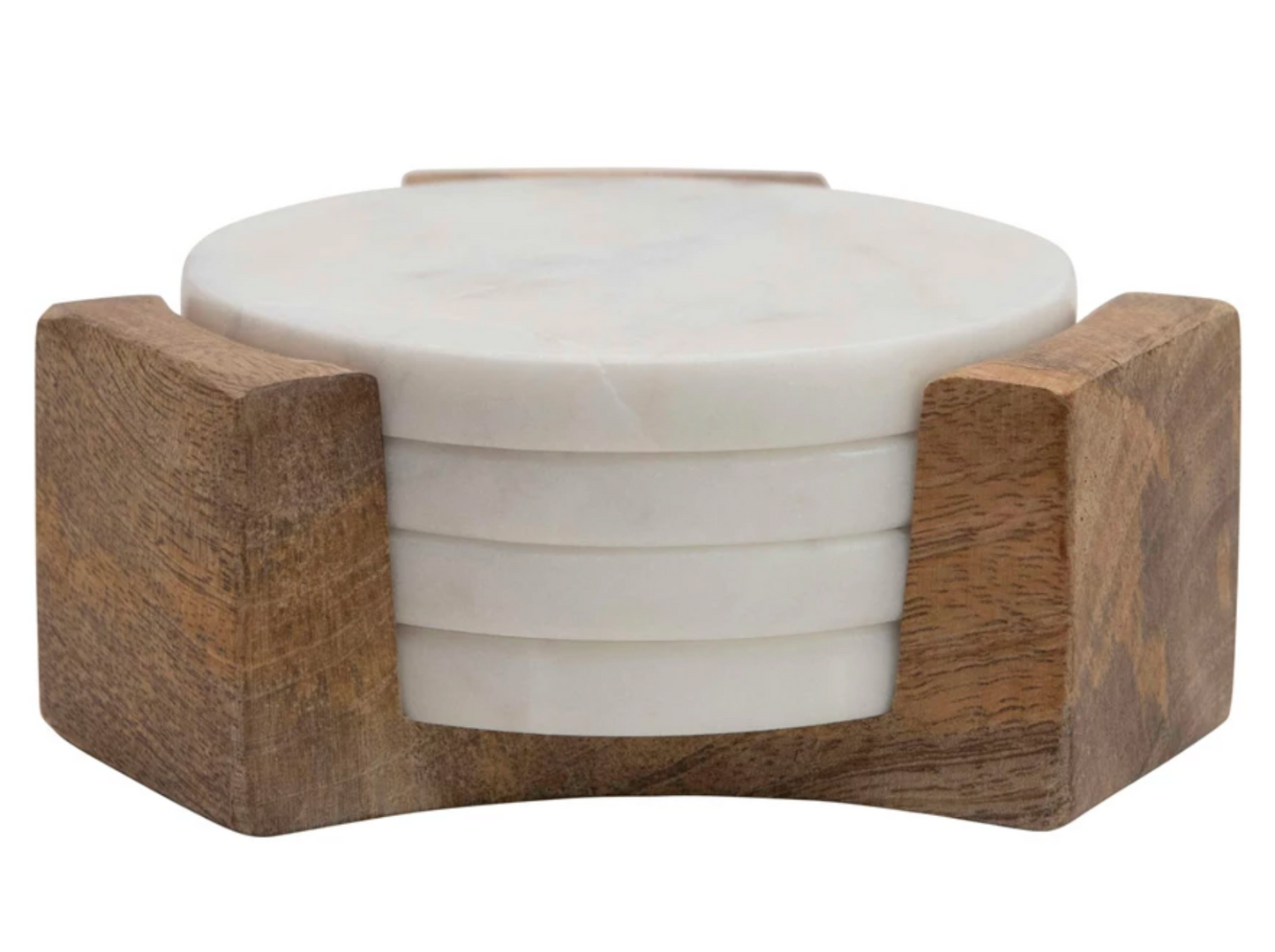 Set of four white marble coasters with coordinating holder featuring natural stone veining.