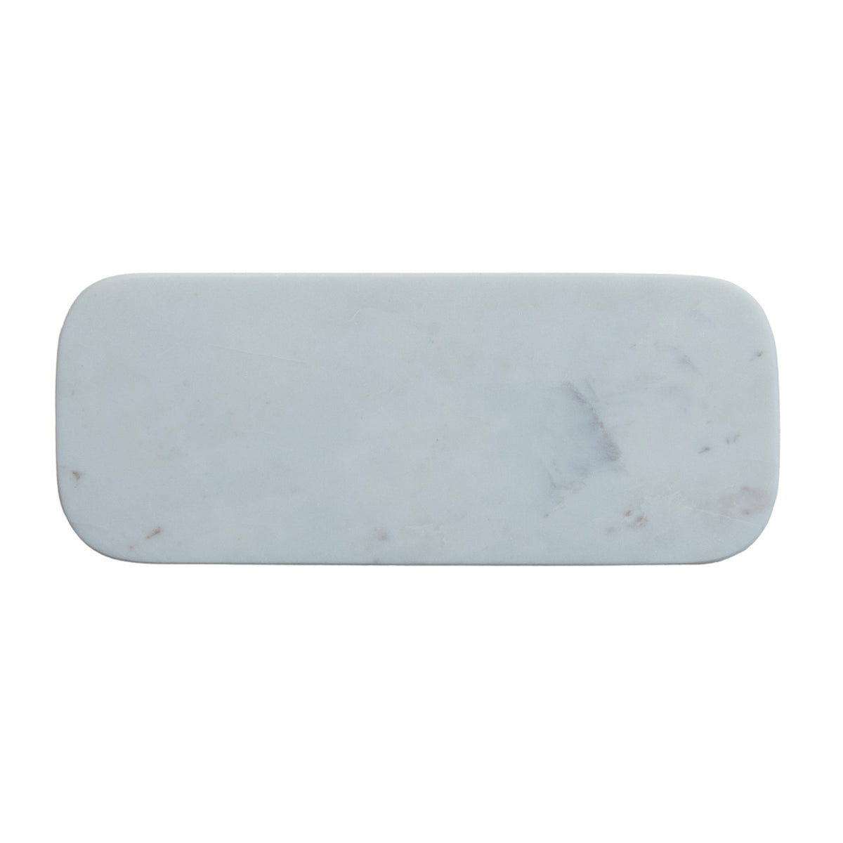 White marble pedestal tray with a long rectangular shape, petite feet, and naturally varied stone veining.