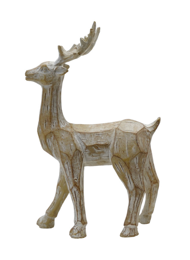 Whitewashed carved deer figurine standing forward with tall branching antlers.