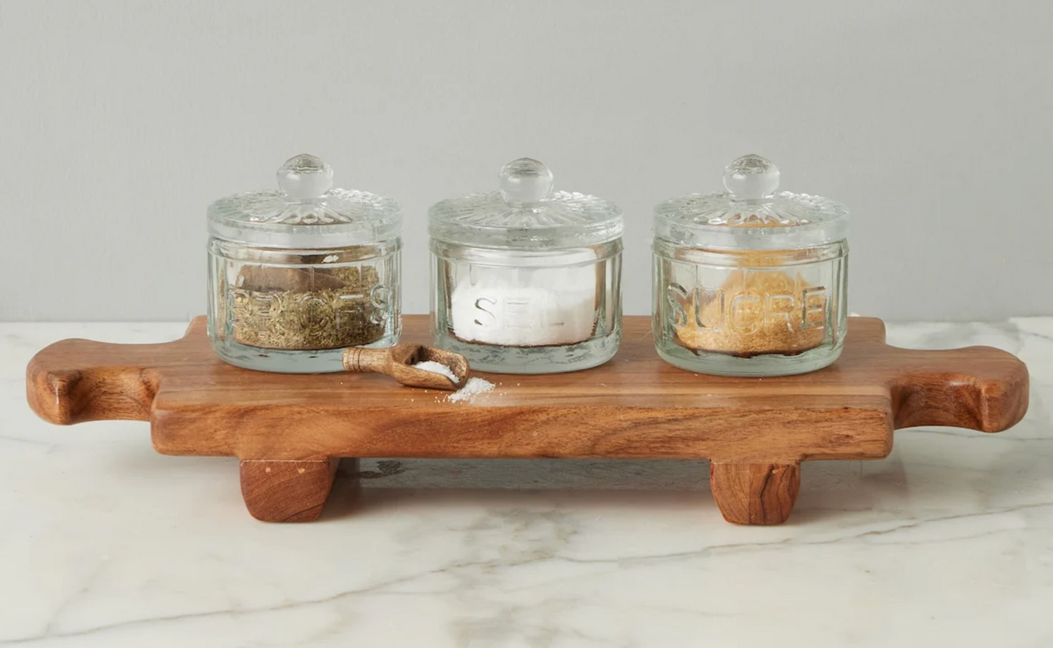 French Bistro glass salt cellar crafted from recycled artisan glass styled on a collected kitchen countertop