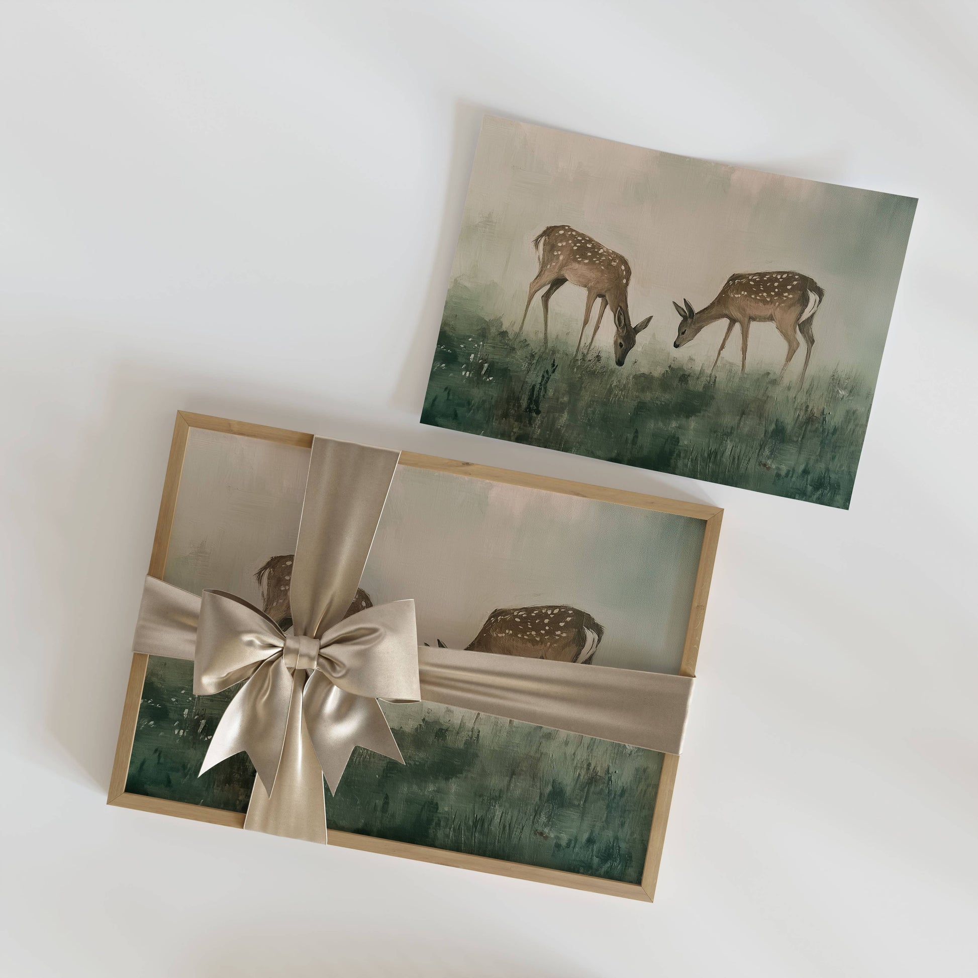 Field of Deer Art Print on an 11 by 14 inch premium cotton canvas panel featuring deer in a peaceful countryside landscape.