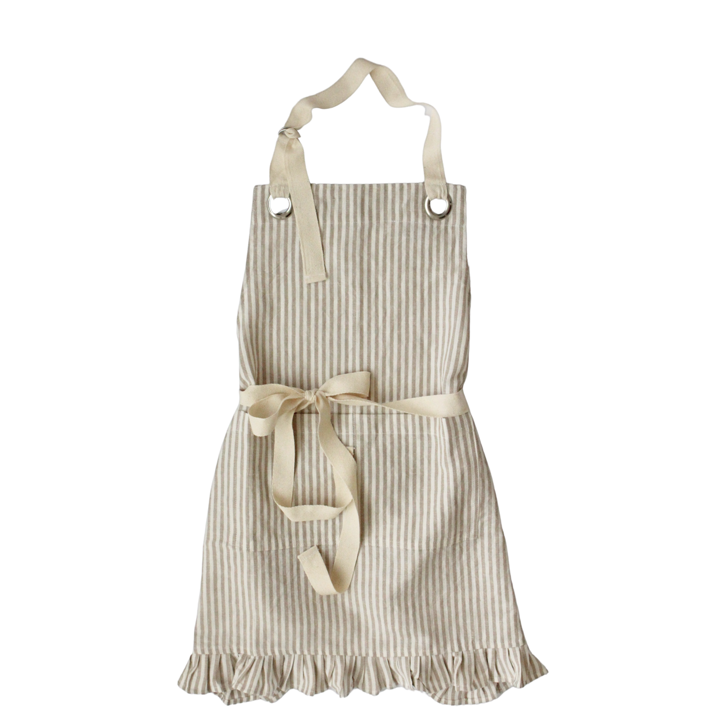 Ruffle Pin Stripe Apron: Tan