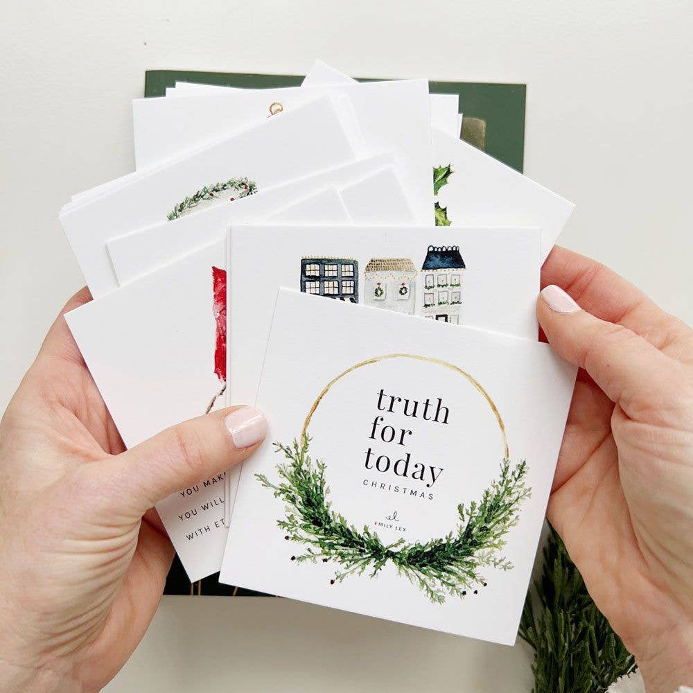 Christmas Truth for Today Scripture Card Set by Emily Lex featuring 31 beautifully illustrated Bible verse cards for the Advent season.