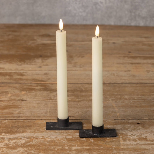 Set of two 9.5-inch cream shimmer taper candles with realistic 3D flames