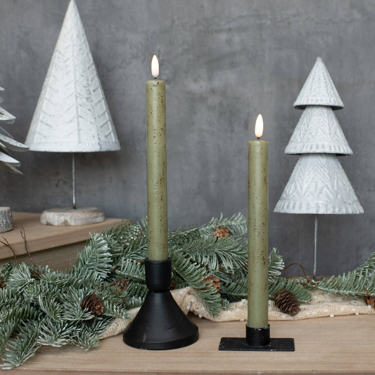 Set of two 9.5-inch green taper candles with realistic 3D flames