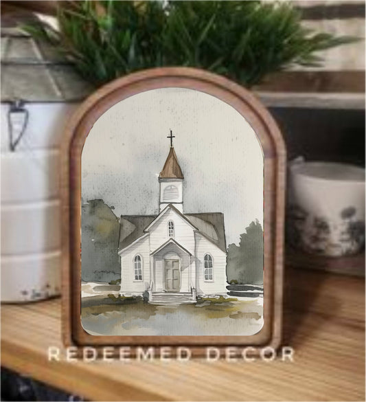 Arch Top Watercolor Church Framed Art   : 8.25x11"