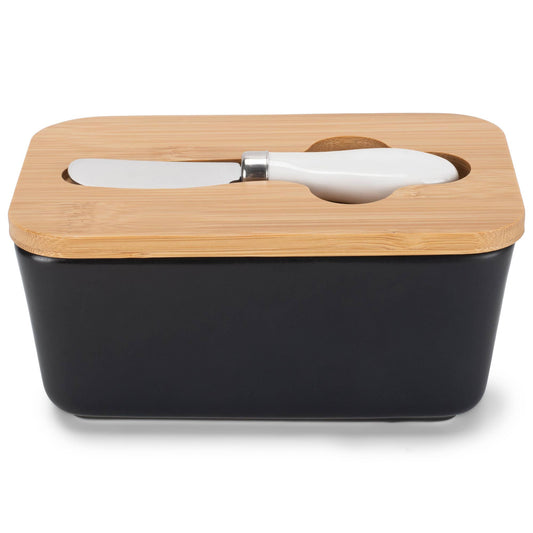 Ceramic Butter Dish Airtight Bamboo Black