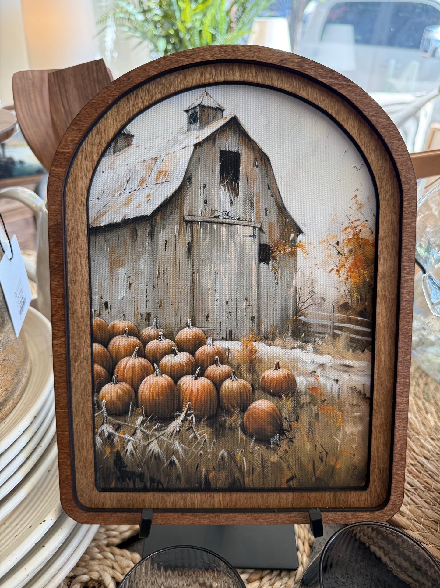 Arch Top Harvest Barn Framed Canvas Art featuring a peaceful countryside barn scene in a handcrafted arched wood frame with an Early American finish.