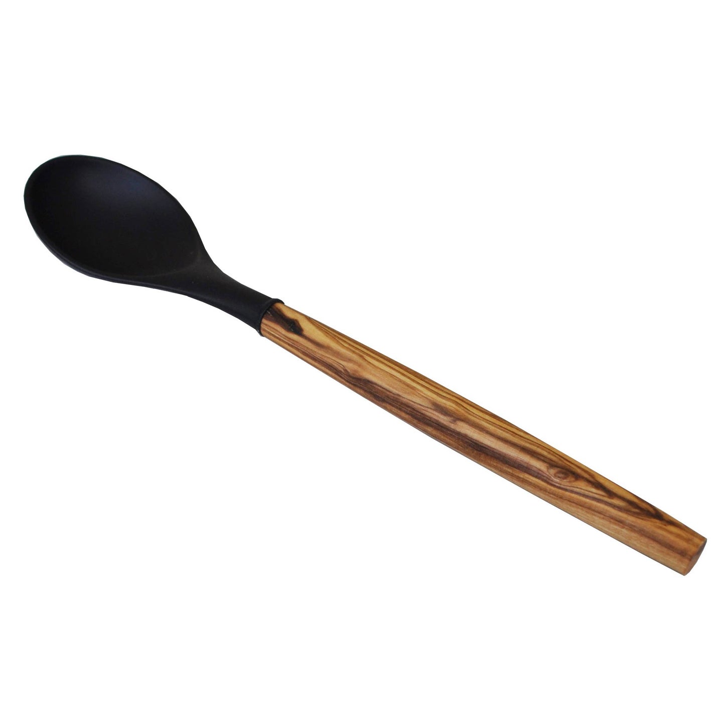 Silicone Round Spoon (Black) with Olive Wood Handle - 12"