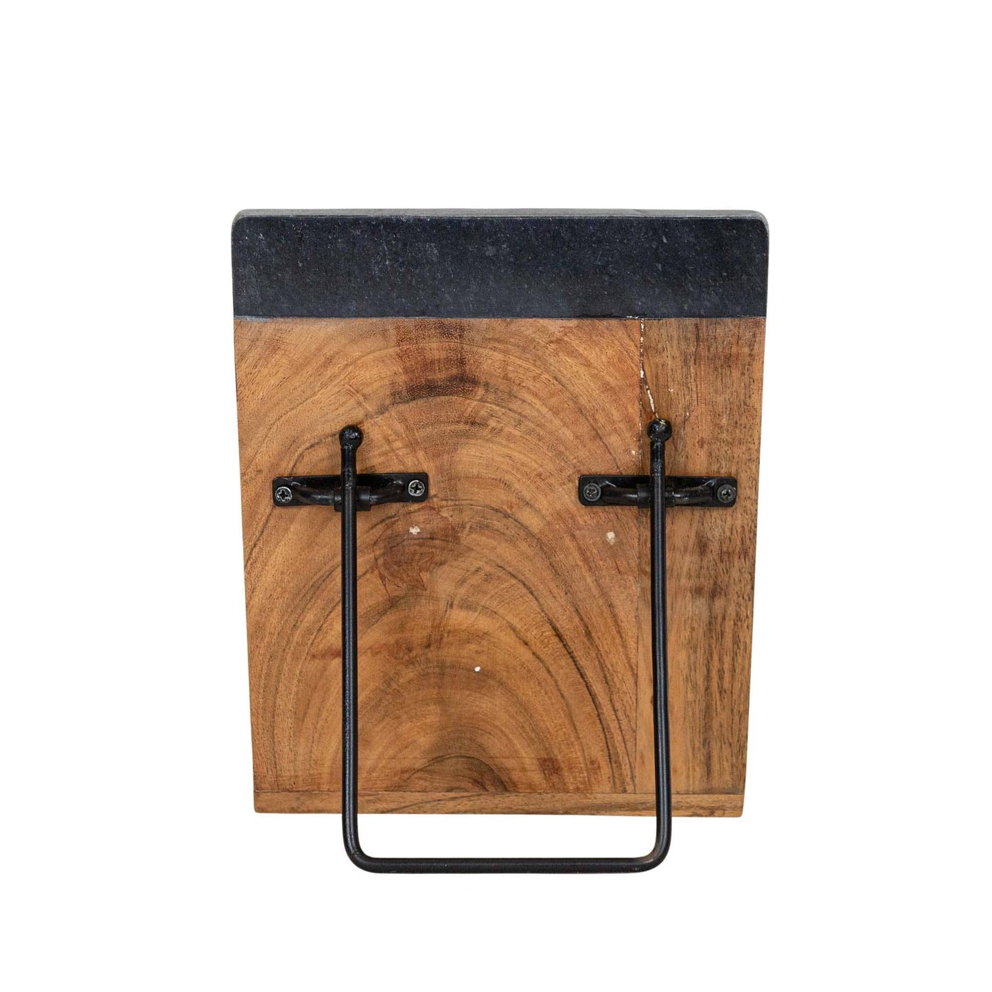 Close-up of the Acacia Wood & Marble Cookbook Holder showcasing the rich wood grain, natural marble veining, and sturdy metal support.