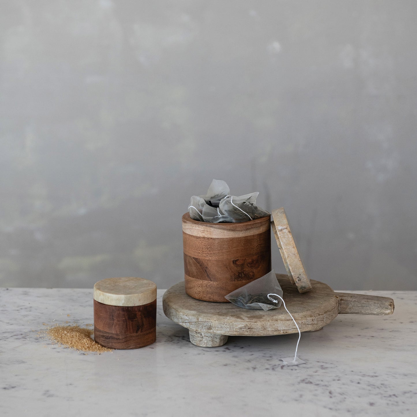 Acacia Wood Container with Marble Lid, Medium
