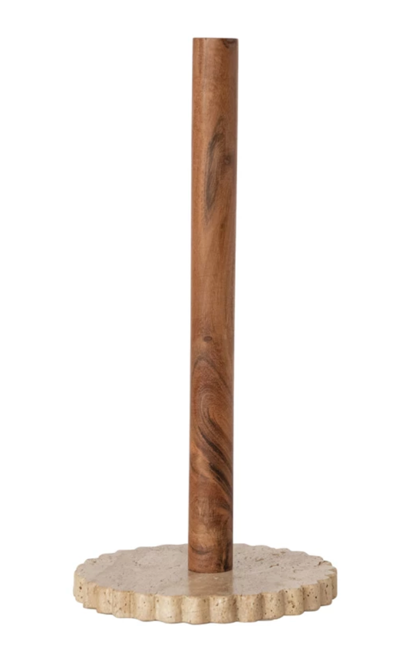Acacia Wood Paper Towel Holder with Scalloped Travertine Base
