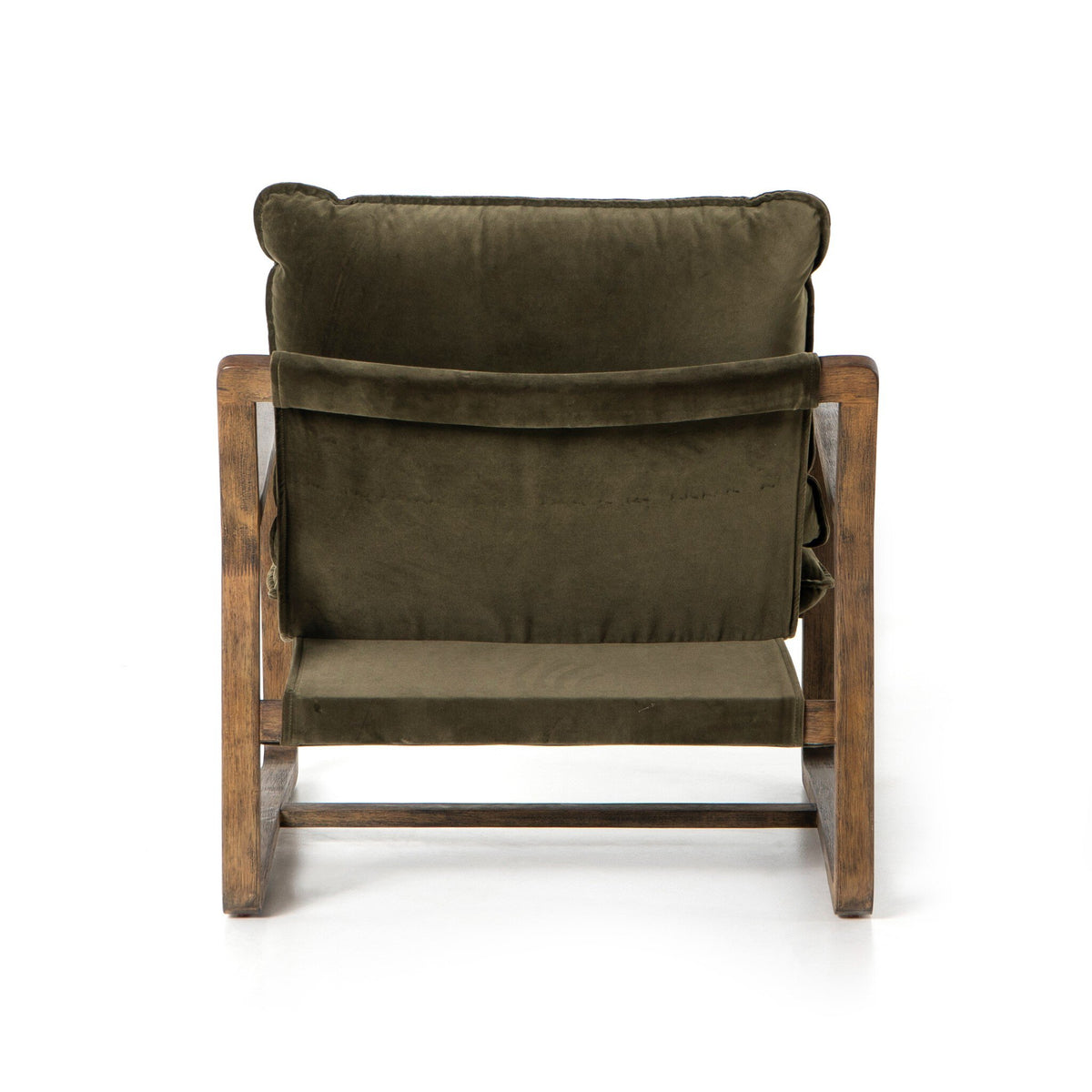 Back view of the Ace Olive Velvet Accent Chair showing the upholstered sling-style back and wood frame.