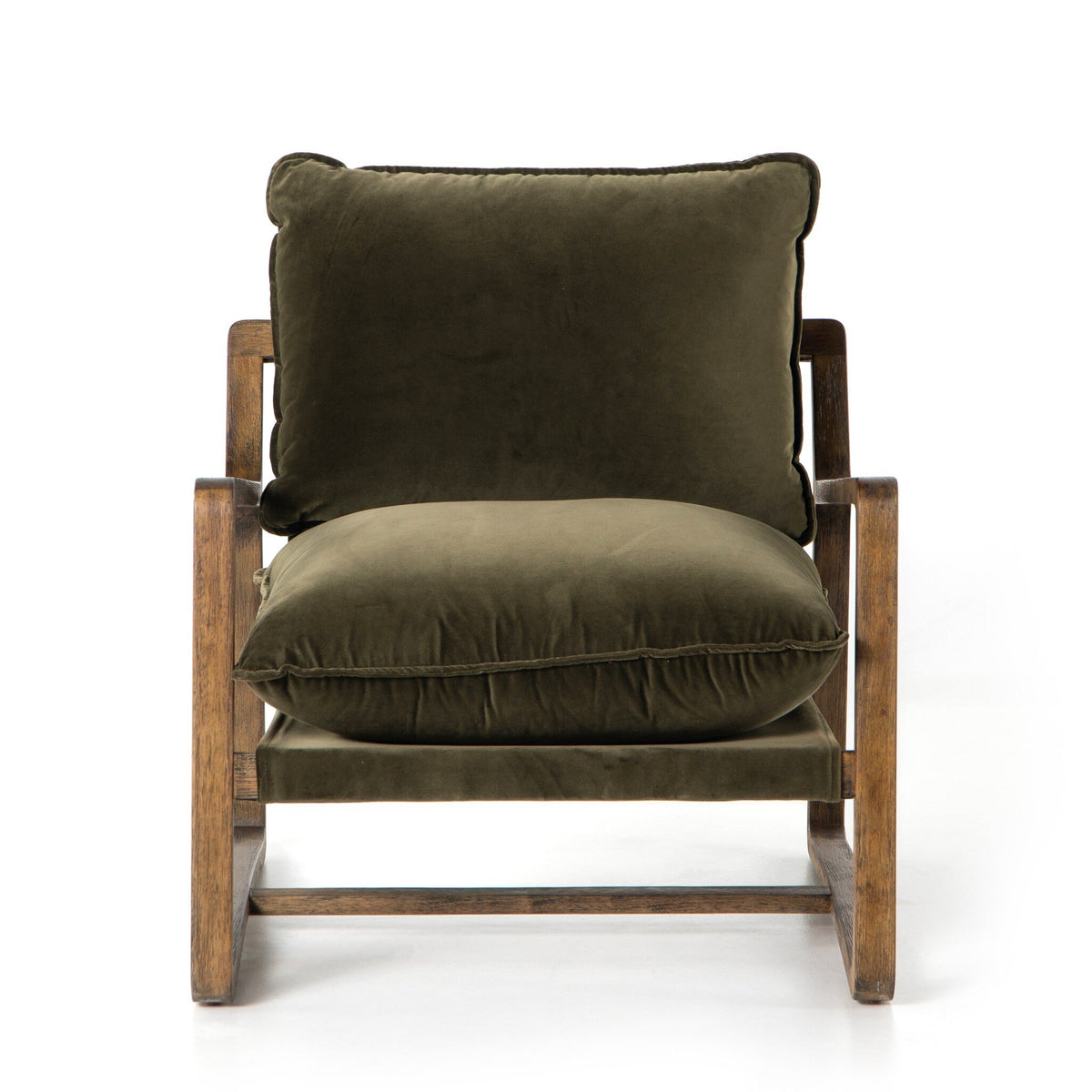 Front view of the Ace Accent Chair with deep olive velvet cushions and warm wood arms.